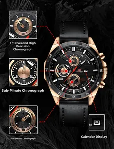 Detail view of multifunctional men's quartz watch with chronograph sub-dials and date window
