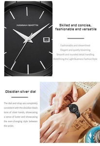 Detail view of the sleek obsidian silver dial and metal strap of this quartz watch