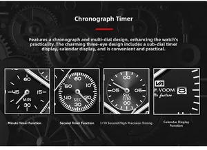 Detail view of multifunctional chronograph watch dial with calendar and triple sub-dials