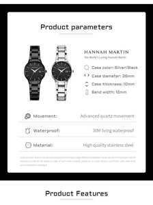 Detailed specifications table of the Hannah Martin stainless steel quartz watch with 30m water resistance