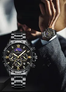 Detailed view of black multi-function men's watch with luminous Roman numerals and moon phase