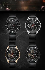 Close-up of four luxury men's chronograph watches with leather straps on a dark rock background
