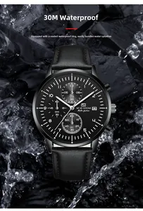 Close-up of waterproof men's quartz watch showing three sub-dials and date in water splashes