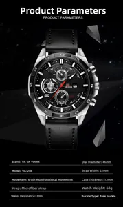 Detailed dial specs of VA-286 mens watch with chronograph, calendar, and 46mm case diameter