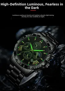 Aiguilles lumineuses vertes et chiffres romains sur montre noire pour homme avec date