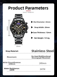 Detailed size parameters of 43mm chronograph watch showing case thickness and band width