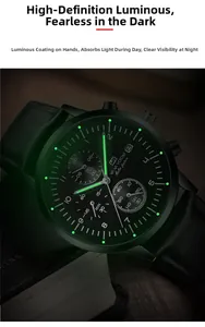 Detail showing high-brightness luminous hands and markers on black leather strap watch