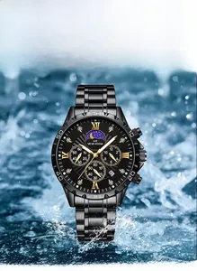 Close-up of waterproof men's quartz chronograph with water splashes and black steel band