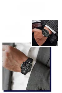 Detail of a business chronograph watch with black leather strap on a model wrist