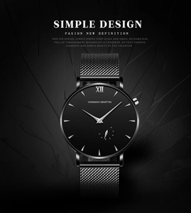 Detail of Hannah Martin black mesh strap watch with minimalist dial and small seconds