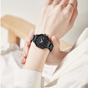 Elegant minimalist women's business watch with black steel strap and date display window