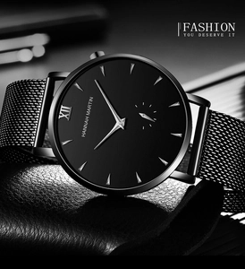 Macro shot of Hannah Martin minimalist black watch with mesh strap and roman numerals