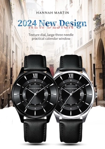 Detailed view of dual calendar quartz watch with textured dial and leather strap