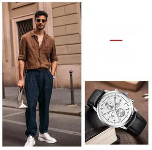 Men's chronograph business watch with white dial and black leather strap lifestyle view