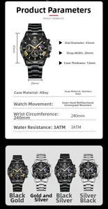 Détails de la montre chronographe étanche avec cadran de 43 mm et bracelet en acier