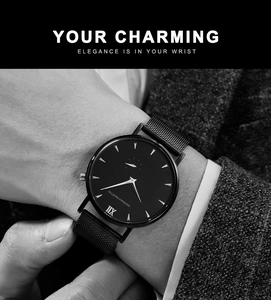 Detail of elegant black mesh strap business watch with minimalist dial and Roman numerals