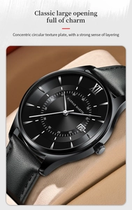 Detail of a business watch with concentric texture dial and leather strap at 45-degree angle