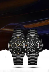 Detail of chronographs on black steel watches with date window and gold markers