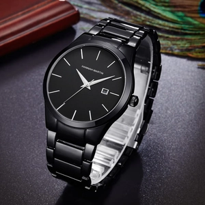 Elegant business style waterproof quartz watch with black stainless steel band and date display