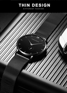 Minimalist ultra-thin black dial watch with silver hands and stainless steel mesh strap