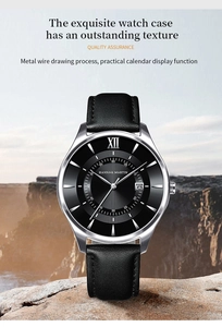 Macro view of a black dial watch with dual calendar display and silver brushed metal case