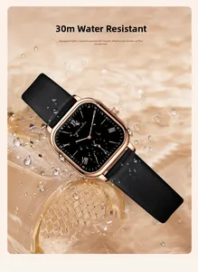 Detail of rose gold square watch featuring 30M water resistance in a splashing water scene
