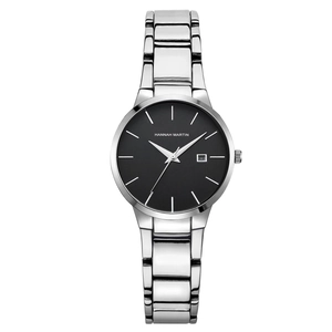 Business quartz women's watch with silver stainless steel strap and black dial