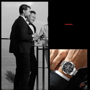 Gros plan d'une montre d'affaires pour hommes avec cadran chronographe noir et acier