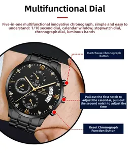 Macro detail of men's chronograph watch with luminous hands and date window