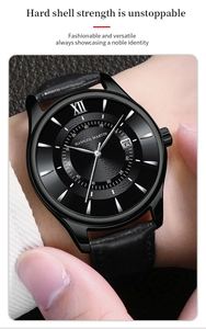 Macro shot of the black dial watch featuring calendar display and leather strap texture