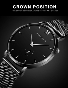Detail of Hannah Martin black mesh watch featuring unique crown design at 4 o'clock position