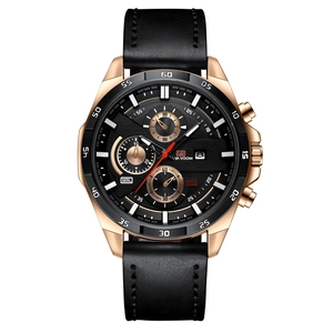 Men's business quartz chronograph watch with rose gold case and black leather strap