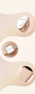 Detailed view of rose gold square watch dial and beige leather strap on pink satin