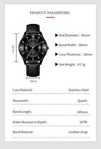 Detailed specs of men's black quartz watch with sunray dial and leather strap