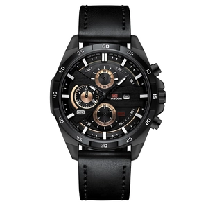 Men's waterproof quartz chronograph watch with black leather strap and date display