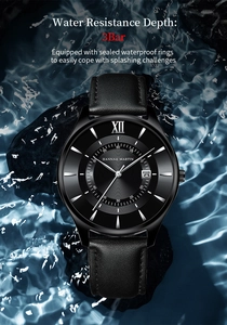 Detail view of the waterproof watch dial with date window and splashing water effect