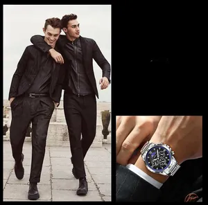 Detail of classic men's business quartz watch with black dial and stainless steel strap