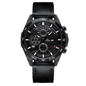 Men's VA VOOM black multifunction quartz watch with leather strap and calendar date display