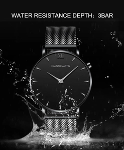 Detail of minimalist mesh strap watch with water splash showing 3BAR waterproof rating
