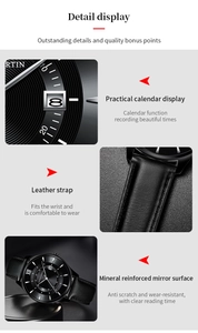 Detail view of the black leather strap and dual calendar dial of the quartz watch