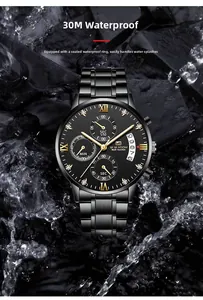 Close-up of waterproof business watch with black steel strap and water splash effect