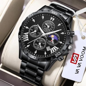 Montre chronographe de business pour homme en acier noir avec calendrier et phase de lune