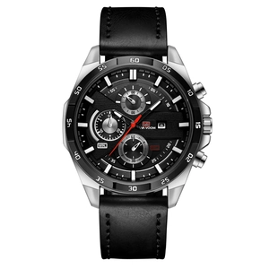 VA VOOM Men's business quartz watch with black dial, chronograph sub-dials and leather strap