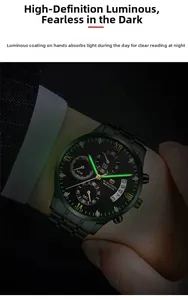 Luminous hands and indices on a black chronograph watch under a business suit sleeve