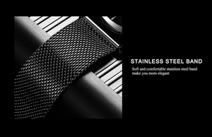 Close-up of black Milanese loop watch strap showcasing detailed stainless steel mesh texture