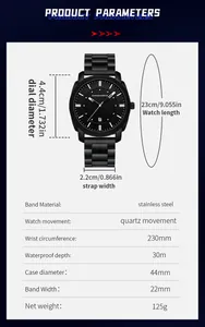 Guide des tailles pour montre quartz business avec cadran de 44mm et bracelet en acier