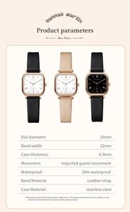 Detailed specs of square rose gold ladies watch with leather strap and roman numerals