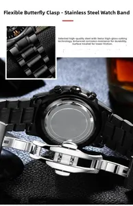 Detail of black stainless steel watch band featuring a secure butterfly buckle mechanism