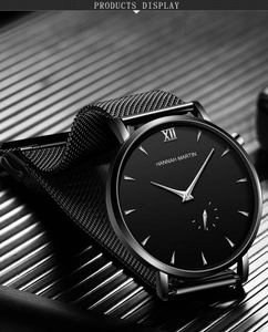 Close-up of matte black dial and metallic mesh strap of the Hannah Martin men watch
