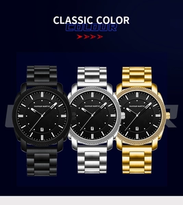 Gros plan des montres Hannah Martin en noir, argent et or avec bracelets en acier